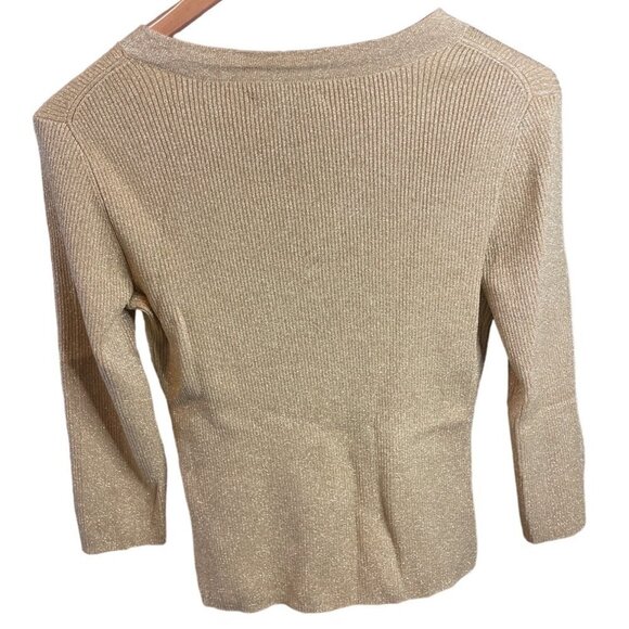 Cable and Gauge Gold Metallic V Neck Faux Wrap Clear Stone Detail Pullover Top - Picture 2 of 10